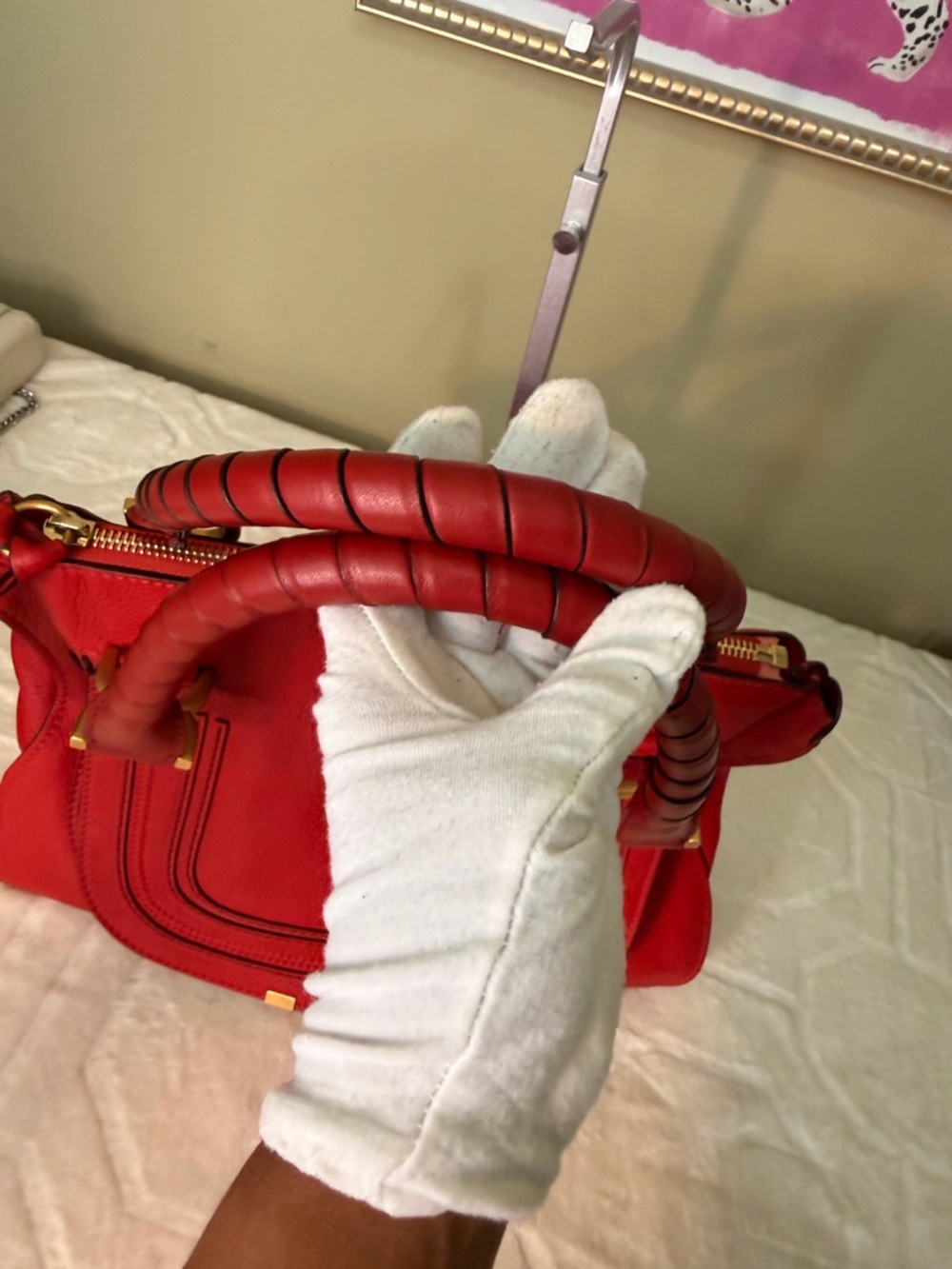 Chloe Red Pebbled Leather Medium Marcie Satchel with Gold Hardware - Picture 4 of 16